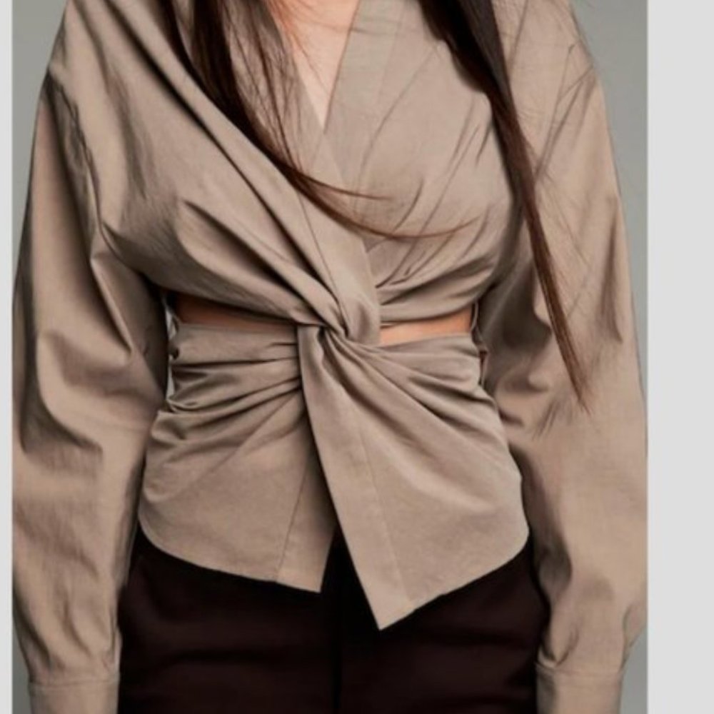 ZARA TAN RUSTIC STRETCH LAPEL KNOT TWIST FRONT LONG SLEEVE BLOUSE